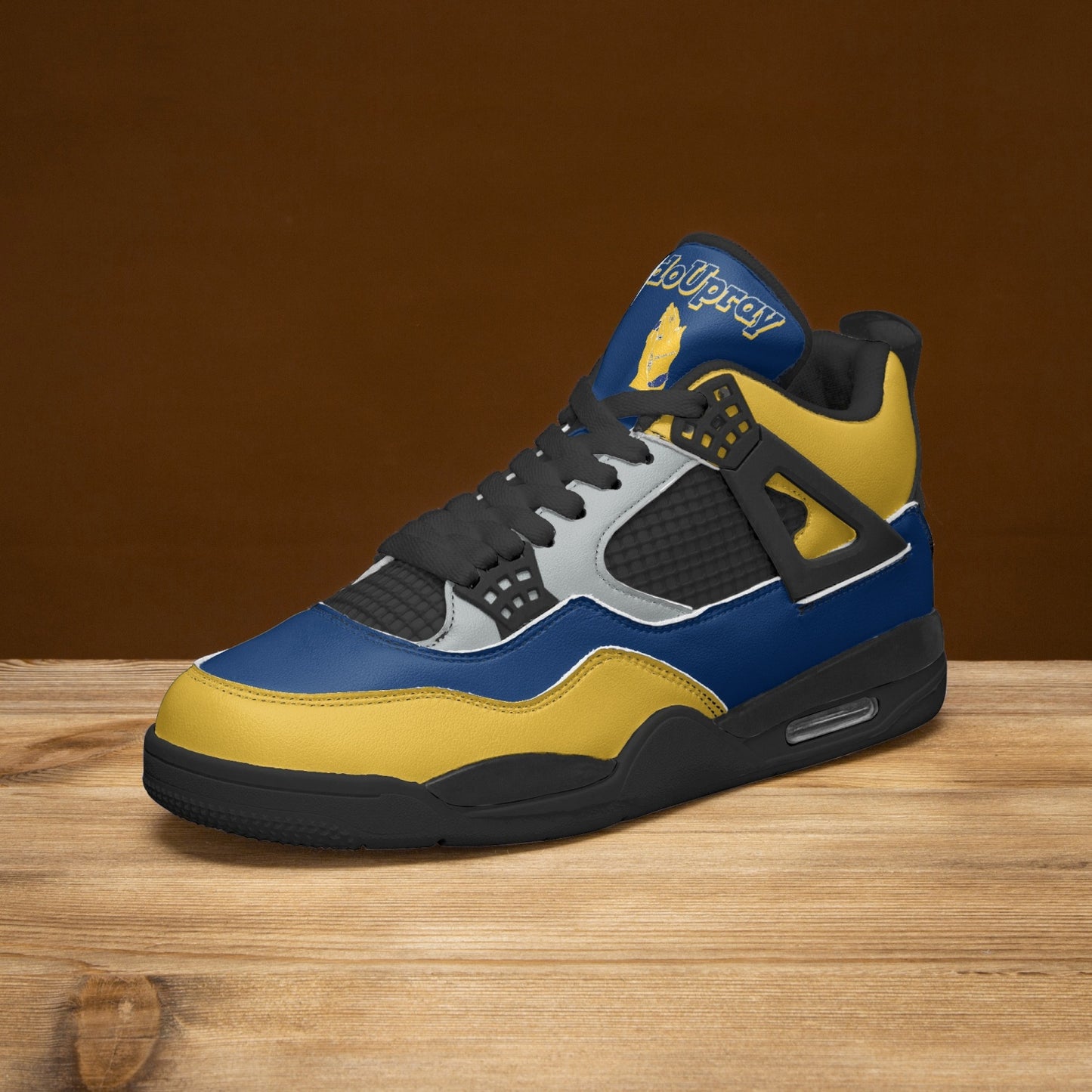 Step up your style with the Air Pray Blue/Gold Black Sneakers – bold design, ultimate comfort. Own your stride!