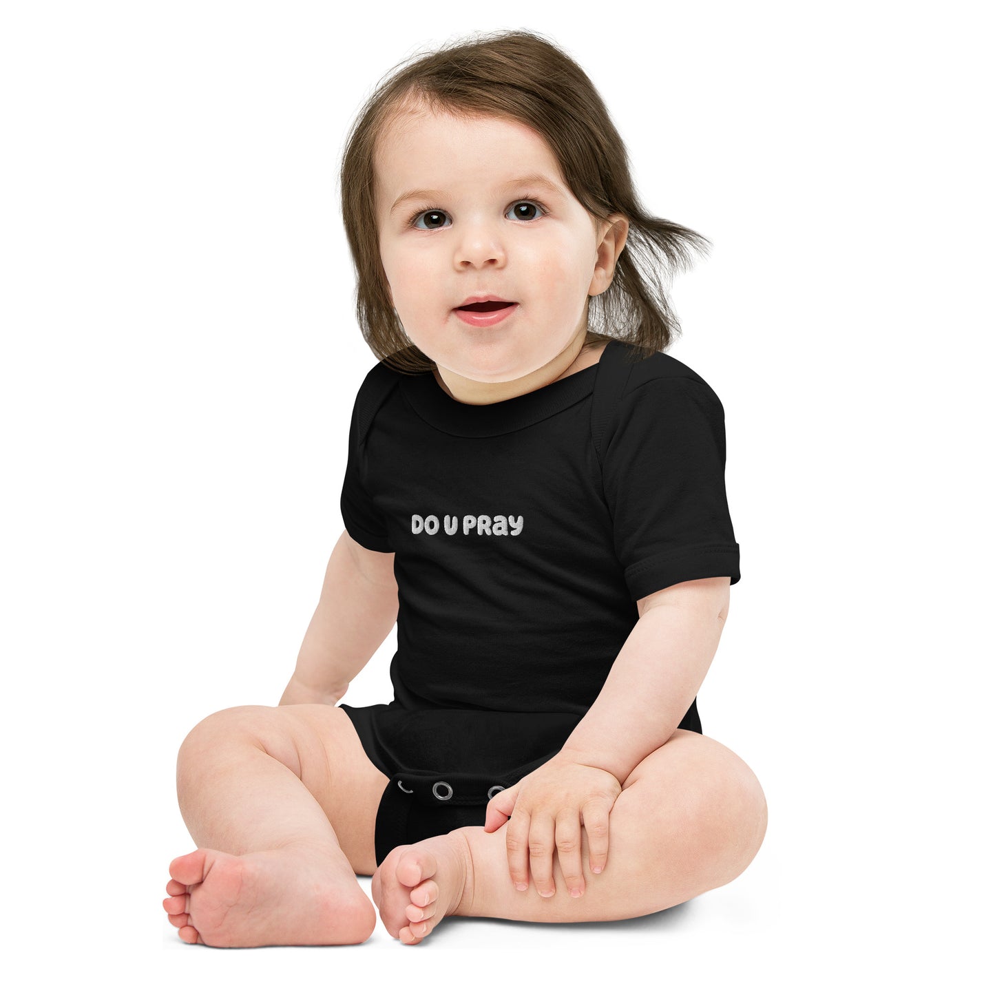 A soft cotton baby bodysuit with Do U Pray printed on the front, featuring short sleeves and snap closures for easy wear.